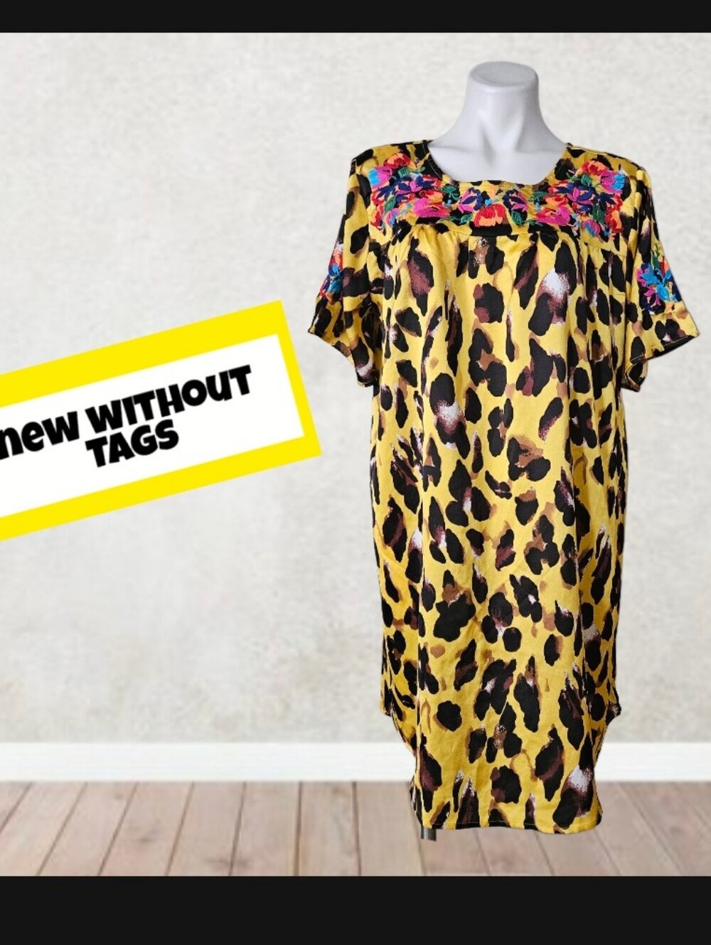 NWOT/ SEE AND BE SEEN Yellow Leopard Print Shift Dress with Floral Embroider L
